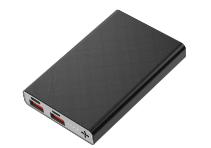 The picture shows a black portable power bank with multiple input and output ports, including two red - lit ports, indicating its charging and discharging capabilities.
