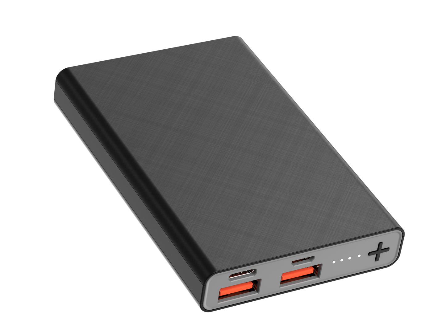 The picture shows a black portable power bank with multiple input and output ports, including two red - lit ports, indicating its charging and discharging capabilities.
