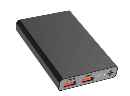 The picture shows a black portable power bank with multiple input and output ports, including two red - lit ports, indicating its charging and discharging capabilities.
