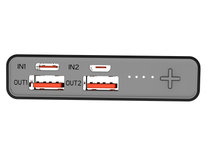 The picture shows a portable power bank with two input ports labeled IN1 and IN2, two output ports labeled OUT1 and OUT2, and a plus sign button on the right side.
