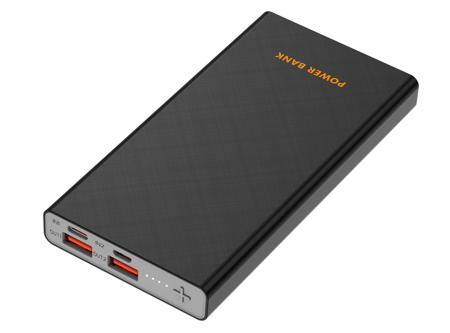 The picture shows a black portable power bank with multiple input and output ports, including lit ports, indicating its charging and discharging capabilities.