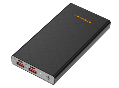 The picture shows a black portable power bank with multiple input and output ports, including lit ports, indicating its charging and discharging capabilities.