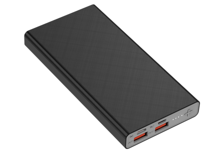 The picture shows a white portable power bank with multiple input and output ports, including lit ports, indicating its charging and discharging capabilities.