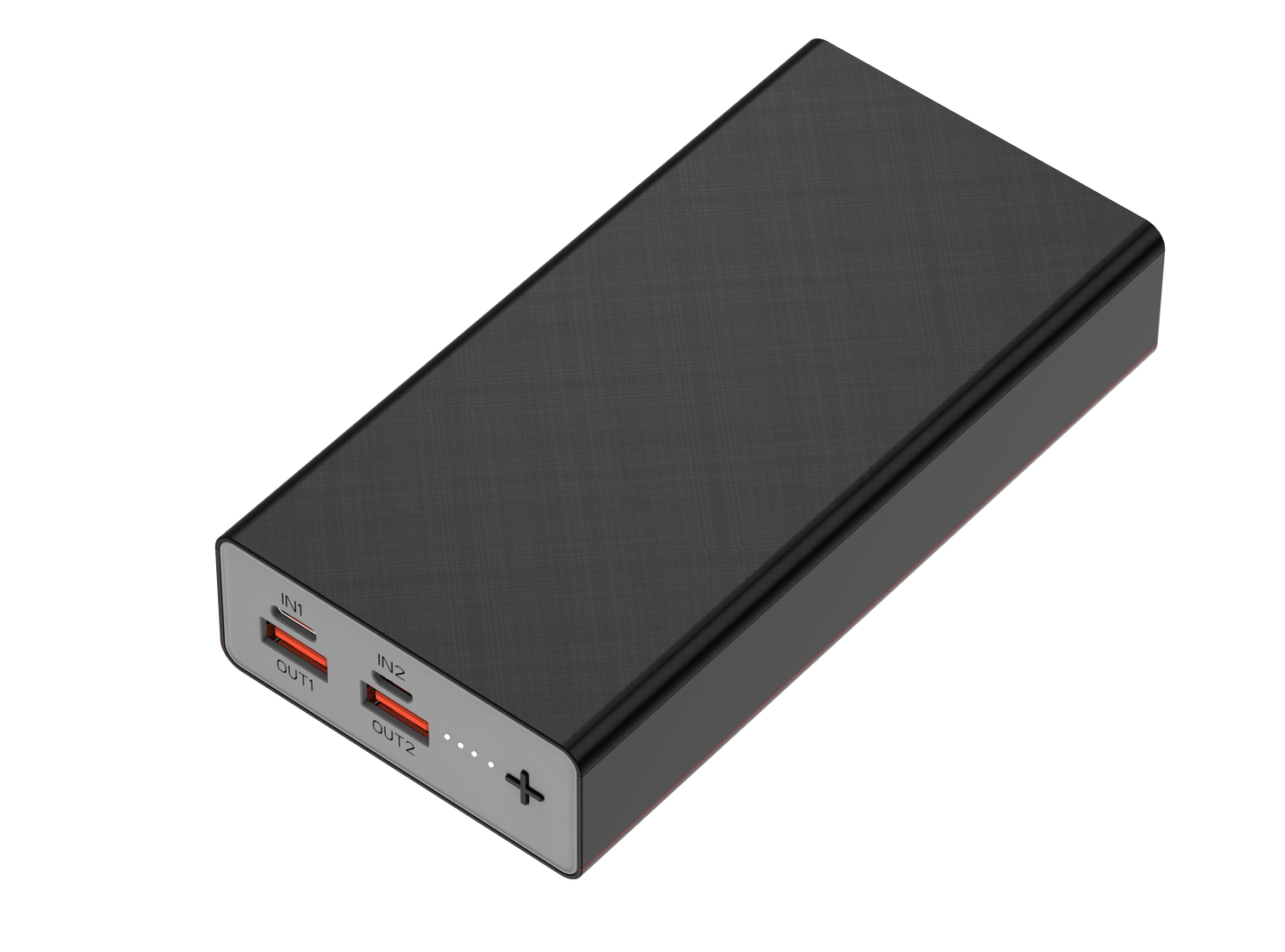 The picture shows a black portable power bank with two input ports (IN1 and IN2) and two output ports (OUT1 and OUT2), all indicated by red lights.
