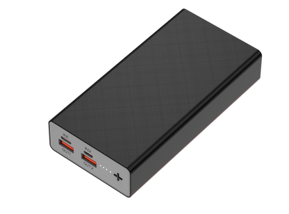 The picture shows a black portable power bank with two input ports (IN1 and IN2) and two output ports (OUT1 and OUT2), all indicated by red lights.
