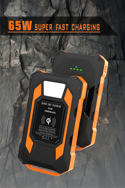 The picture shows a 65W super fast - charging power bank with a rugged design, featuring a 20000mAh capacity.
