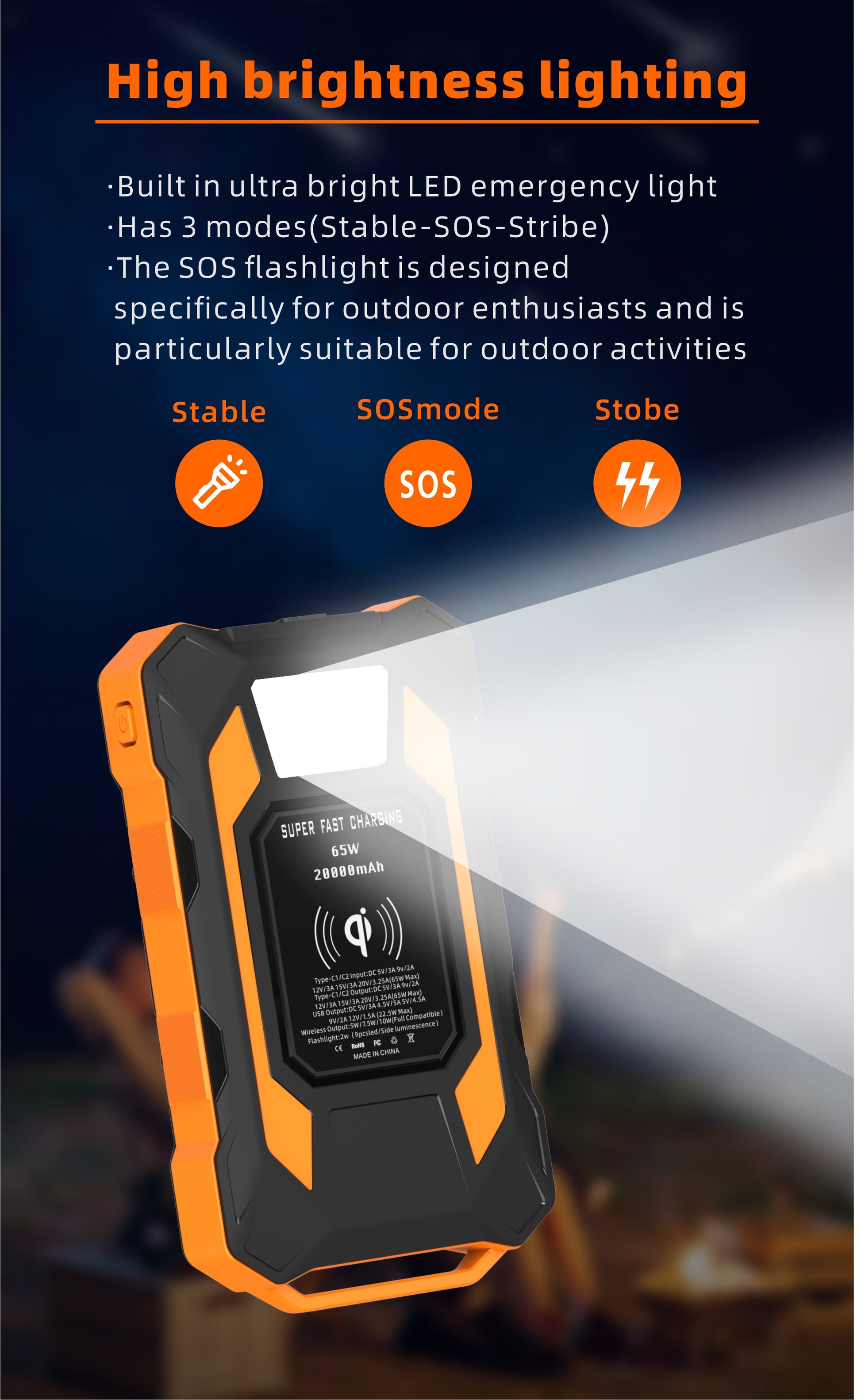 The picture shows a multifunctional power bank with high - brightness lighting, featuring three modes (Stable, SOS, Strobe), an ultra - bright LED emergency light, and a 26800mAh capacity.
