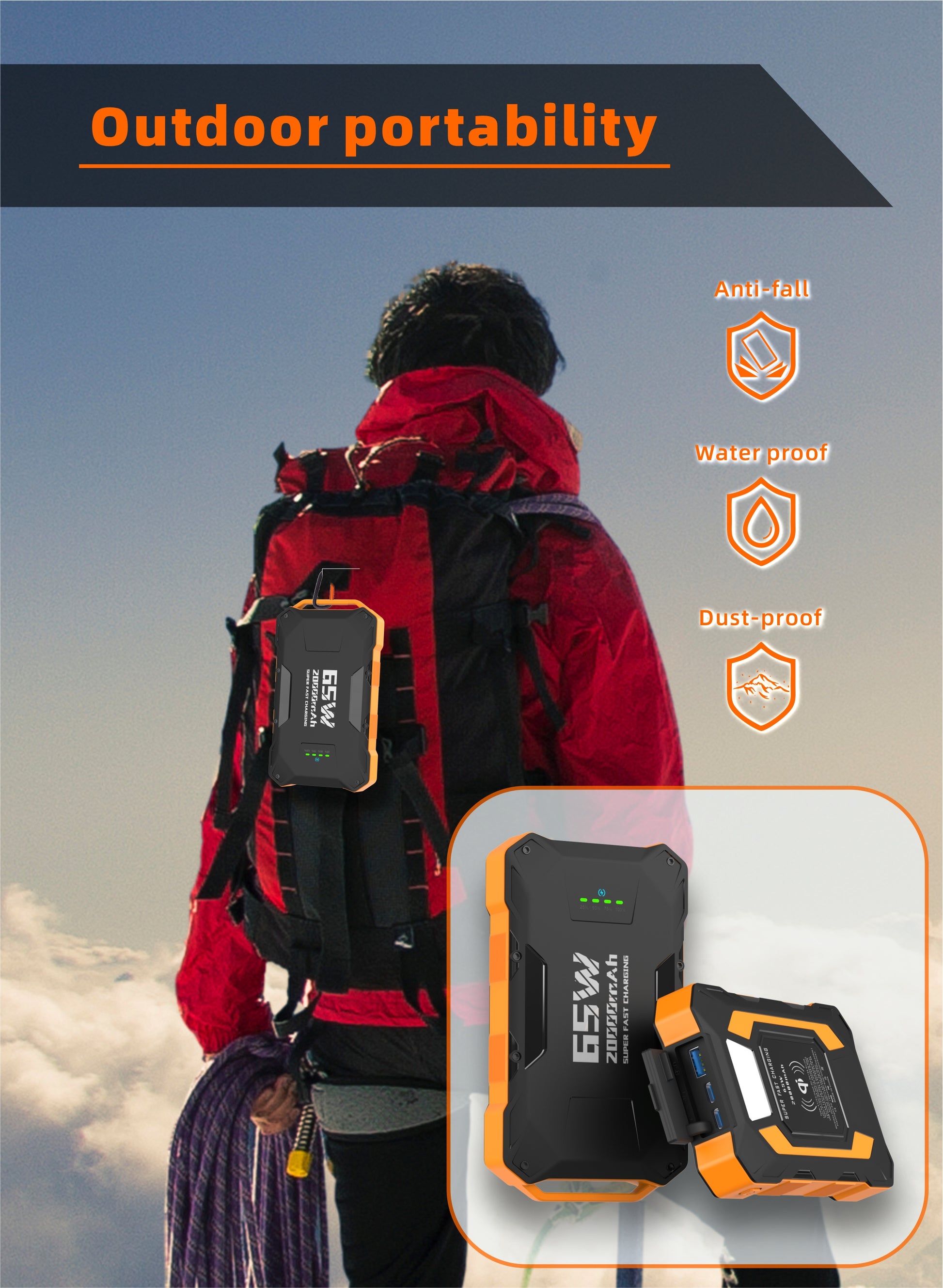 The picture promotes a portable power bank suitable for outdoor use, highlighting its anti - fall, waterproof, and dust - proof features.
