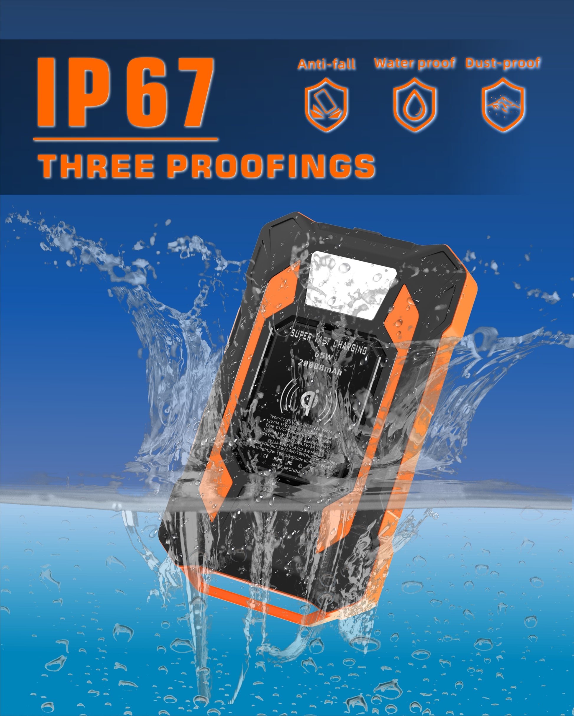 The picture promotes a power bank with IP67 certification, highlighting its anti - fall, waterproof, and dust - proof features.
