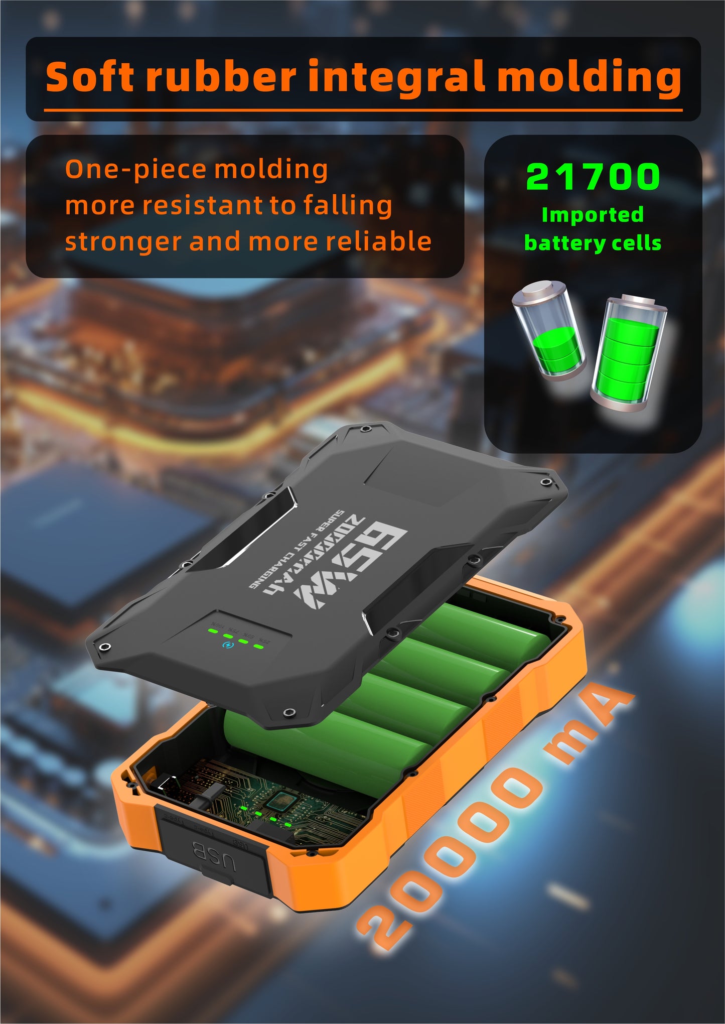 The picture features a 20000 mA power bank with soft rubber integral molding, one - piece molding for better fall resistance, and it uses imported 21700 battery cells.
