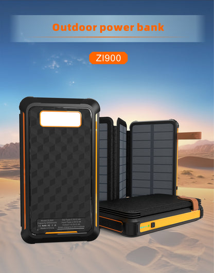 The picture shows an outdoor power bank named ZI900 with a fold - out solar panel design, suitable for charging devices in outdoor environments.
