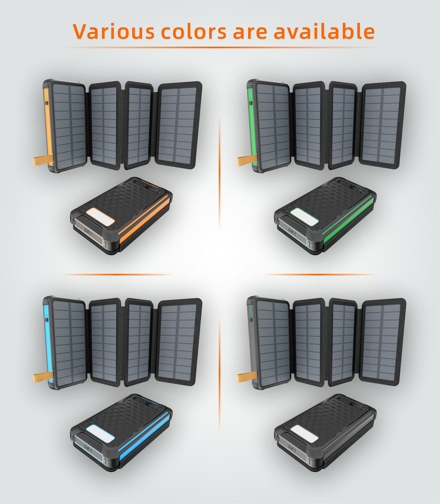 The picture shows various - colored portable power banks that can be folded out, with solar panels visible on the open ones, indicating they can be charged by solar energy.
