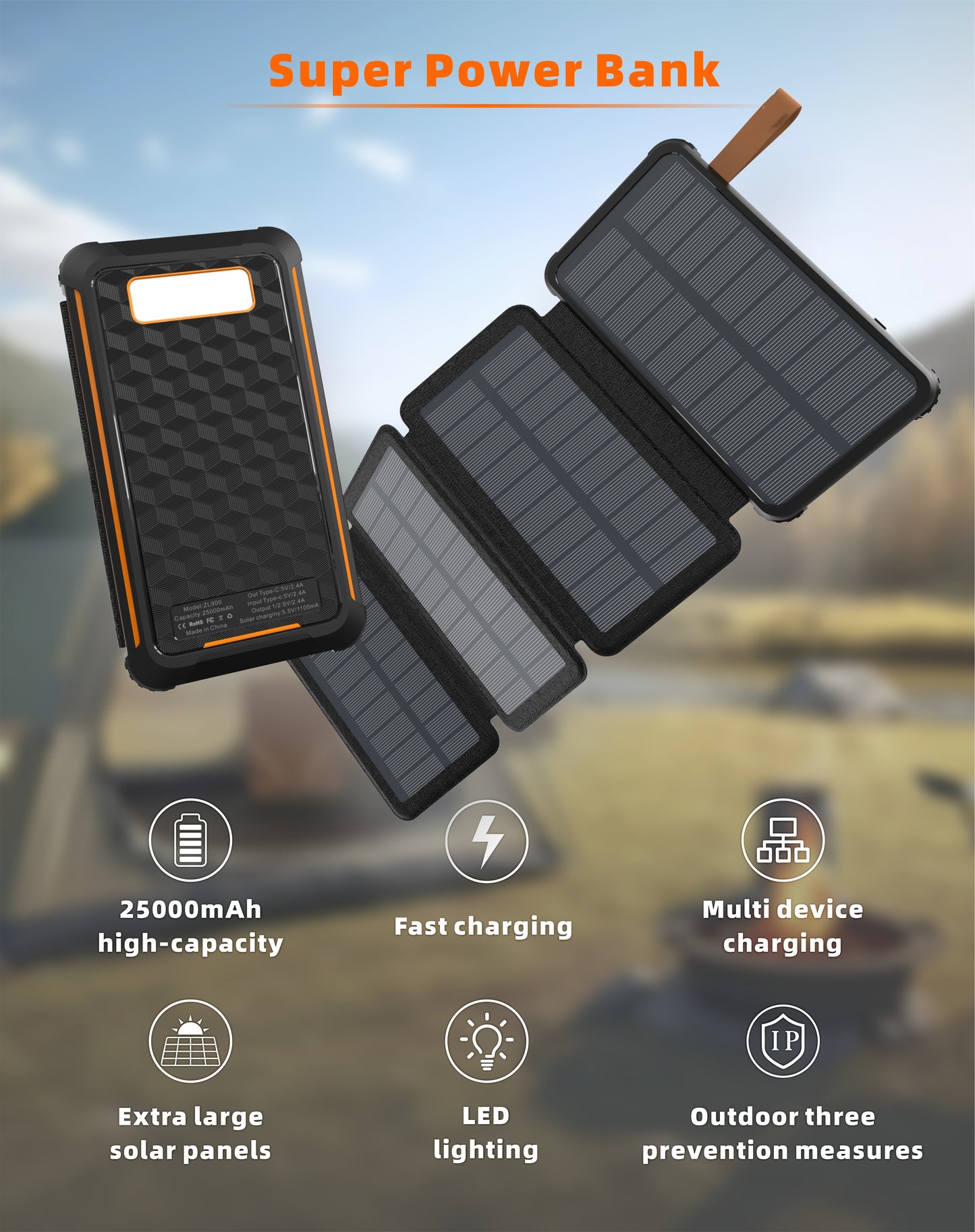 The Super Power Bank is a high - capacity (25000mAh) device with features such as fast charging, multi - device charging, extra large solar panels, LED lighting, and outdoor three - prevention measures.
