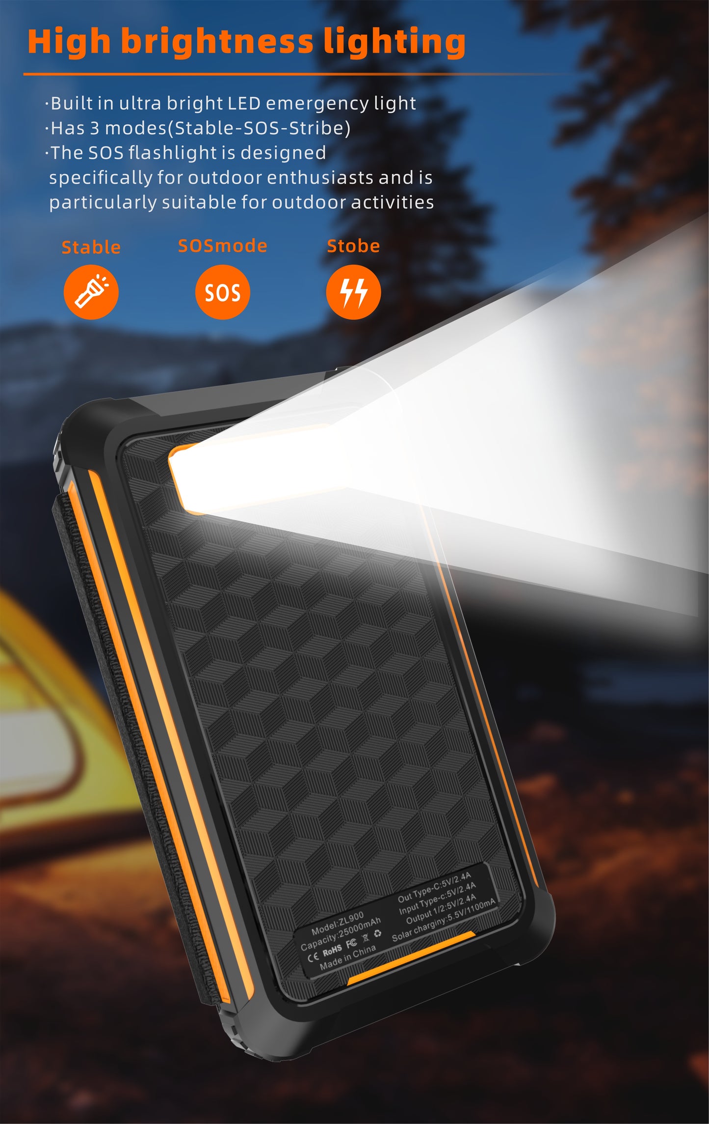 The picture shows a portable power bank with high - brightness lighting, featuring an ultra - bright LED emergency light with three modes (Stable, SOS, Strobe) suitable for outdoor enthusiasts.
