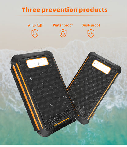 The picture shows two black and orange portable power banks that are three prevention products, featuring anti - fall, water - proof, and dust - proof functions.
