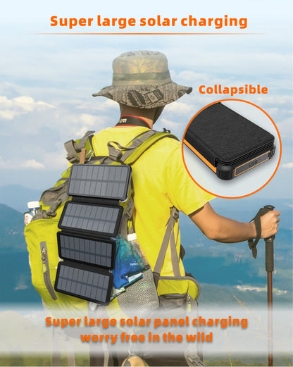 The picture shows a portable power bank with super large solar panel charging and a collapsible design, ideal for outdoor use.
