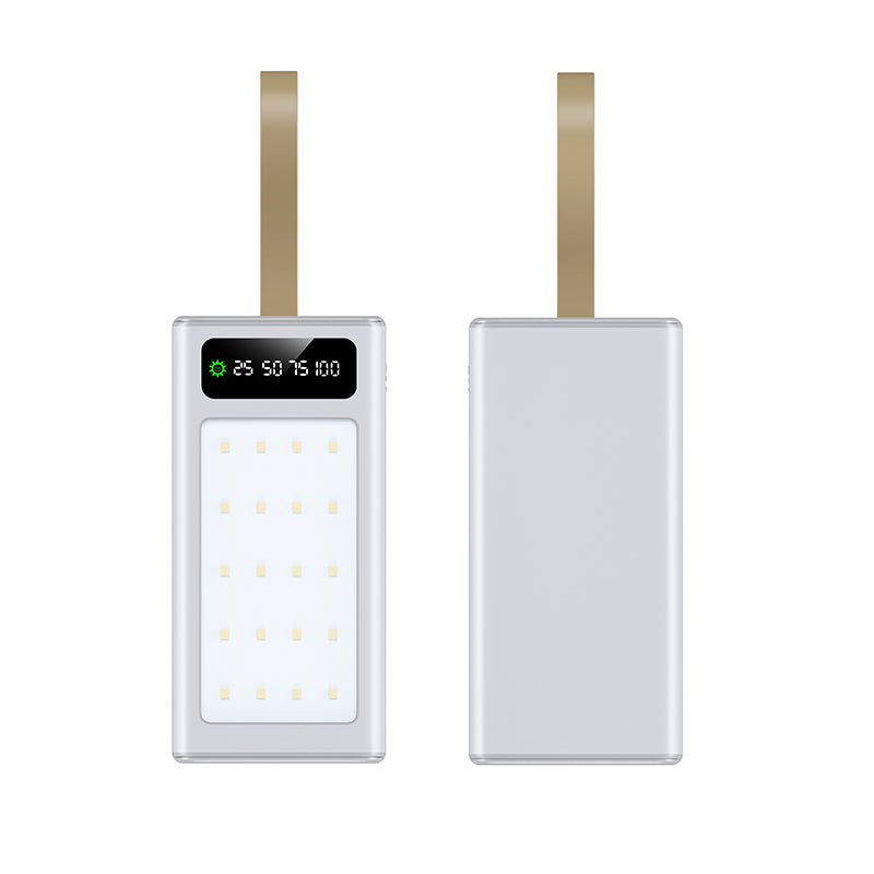 The image shows two white power banks with multiple USB ports, a digital display, LED screen display, and a looped strap for portability.