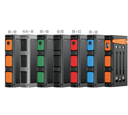 The image shows six portable solar chargers with different color combinations and buttons/connectors, including one on the far right that comes with a compass and connecting cable for outdoor use.