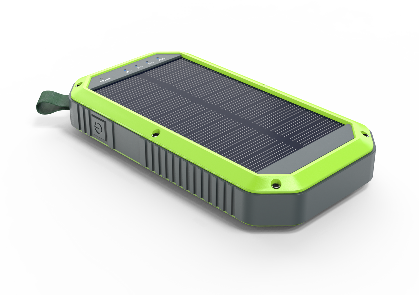 There is a power button on the left side of the green solar charger