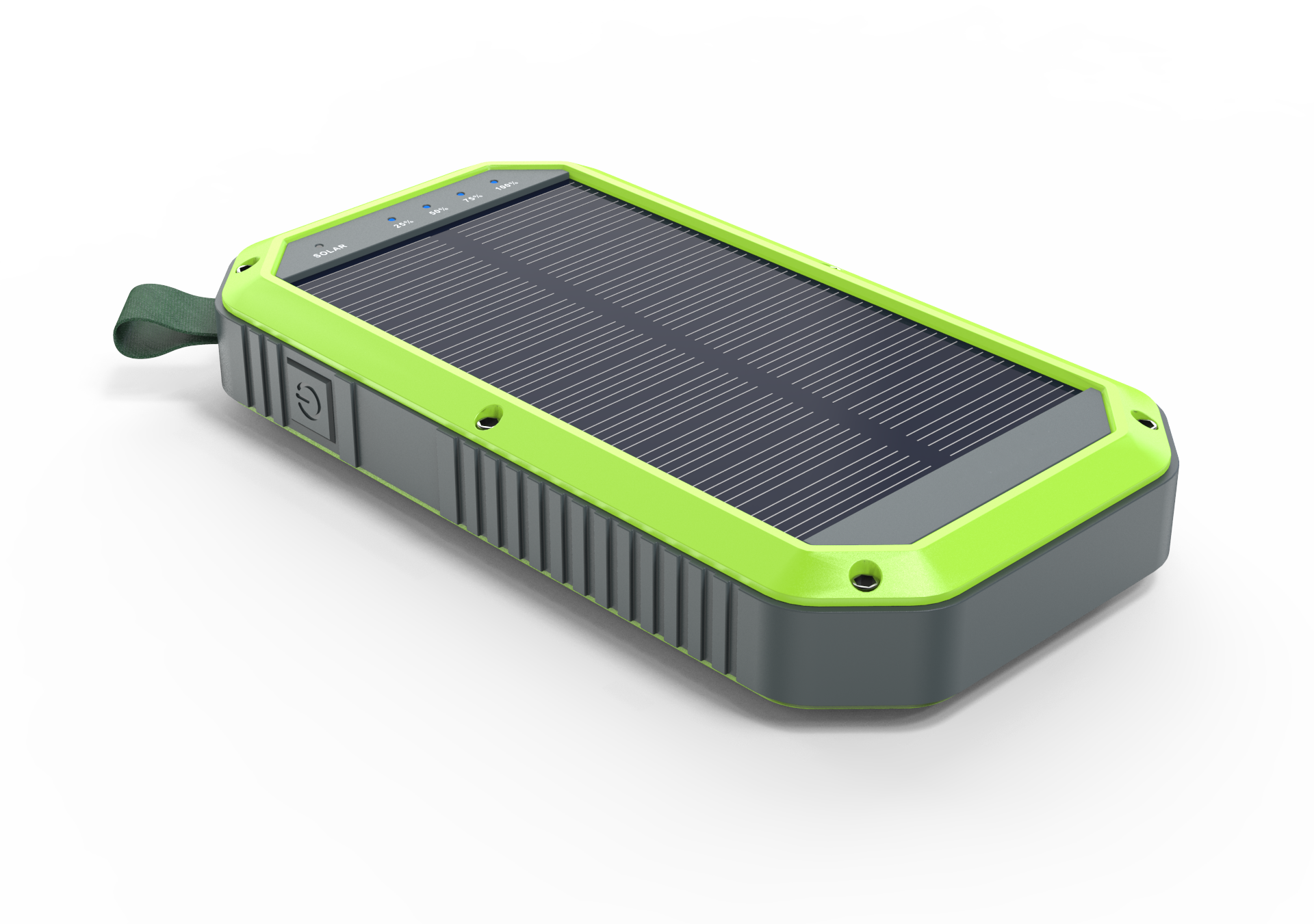 There is a power button on the left side of the green solar charger