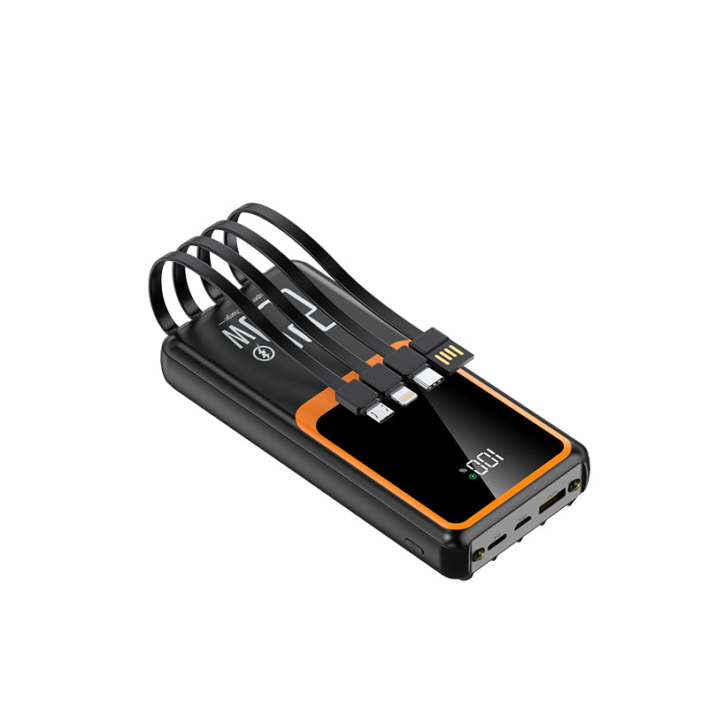 The picture shows a black and orange portable power bank with built - in coiled cables, a digital display showing "100", and multiple charging ports.
