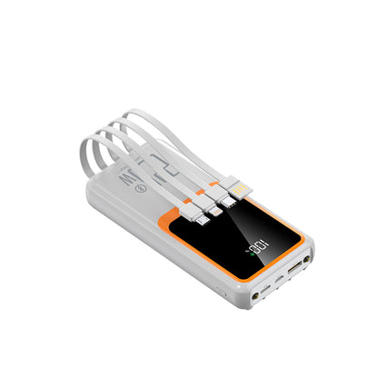 The picture shows a white and orange portable power bank with built - in coiled cables, a digital display showing "100", and multiple charging ports.