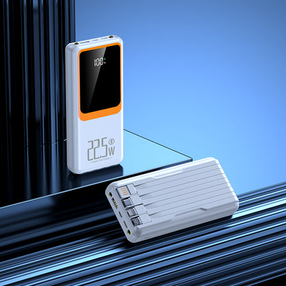 The picture shows a white mobile power bank. The digital screen on one side shows that the power bank is at 100%, and it has 22.5W fast charging capability. There are multiple interfaces on the other side.