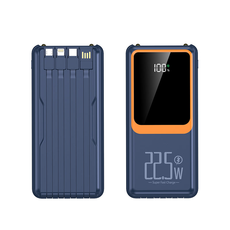 The picture shows a dark - blue portable power bank with a 22.5W Super Fast Charge feature, multiple output ports on the back, and a front - facing digital display showing 100%.
