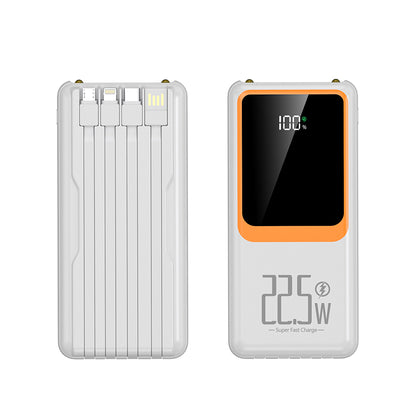 The picture shows a white portable power bank with a 22.5W Super Fast Charge feature, multiple output ports on the back, and a front - facing digital display showing 100%.
