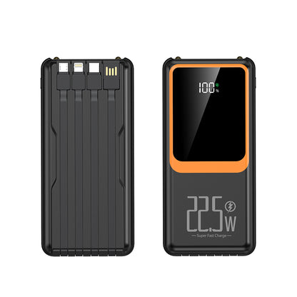 The picture shows a black portable power bank with a 22.5W Super Fast Charge feature, multiple output ports on the back, and a front - facing digital display showing 100%.
