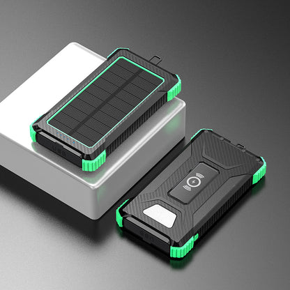 Pictured are two portable green power banks with solar panels on top, one with a USB port indicated by a blue light, and the other with a wireless charging symbol.