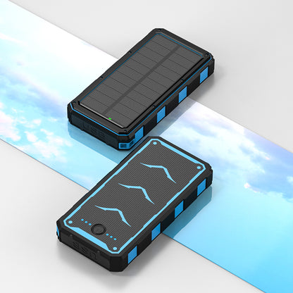 The picture shows two portable power banks with solar panels on top, featuring rugged designs with black and blue colors, and equipped with USB ports for charging.
