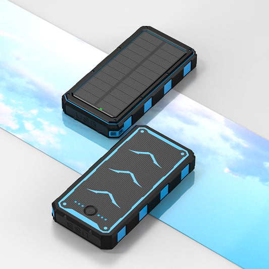 The picture shows two portable power banks with solar panels on top, featuring rugged designs with black and blue colors, and equipped with USB ports for charging.
