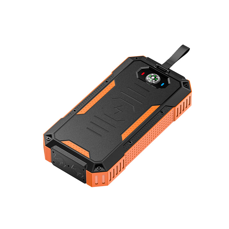 The picture shows a portable solar power bank with a rugged design, featuring orange and black colors, a strap for carrying, and a built - in compass on the top surface.