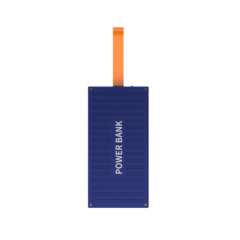 The picture shows a blue power bank with an orange strap attached to the top and the word "POWER BANK" printed on its surface.
