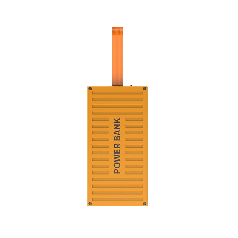 The picture shows a yellow power bank with an orange strap attached to the top and the word "POWER BANK" printed on its surface.
