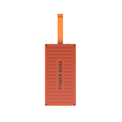 The picture shows a orange power bank with an orange strap attached to the top and the word "POWER BANK" printed on its surface.
