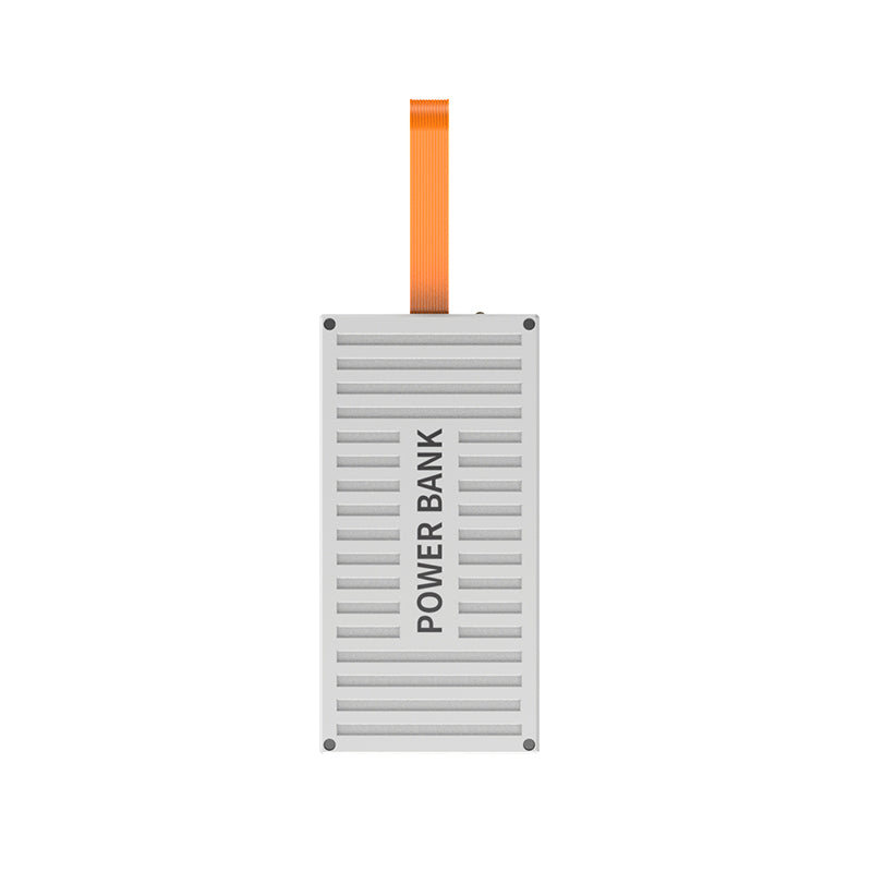 The picture shows a white power bank with an orange strap attached to the top and the word "POWER BANK" printed on its surface.
