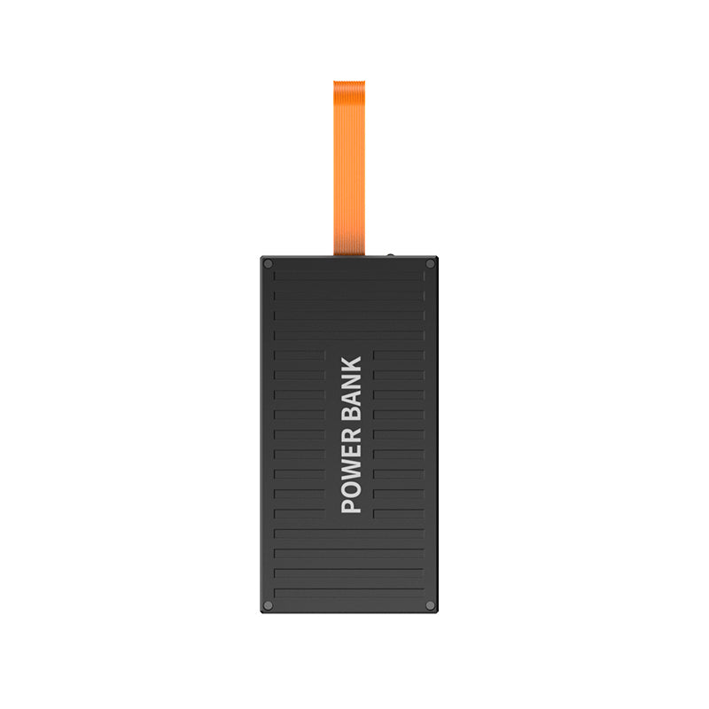 The picture shows a black power bank with an orange strap attached to the top and the word "POWER BANK" printed on its surface.
