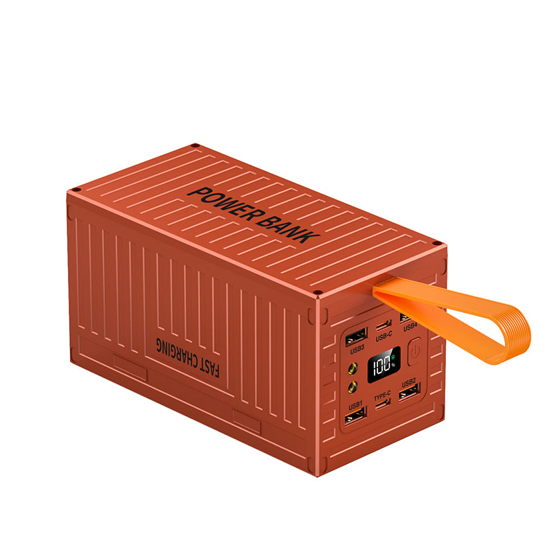 The picture shows a orange power bank with a handle, multiple charging ports including USB - A and USB - C, and a digital display showing "100".
