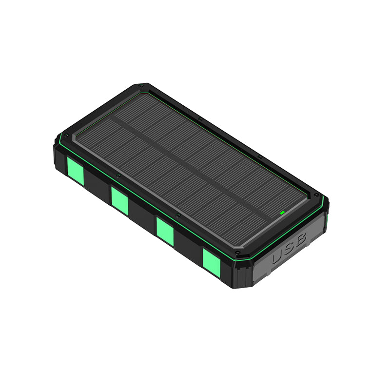 The image depicts a portable power bank with a solar panel on its top surface, featuring a black and green design, and has a USB port indicated by the text "USB" on its side.
