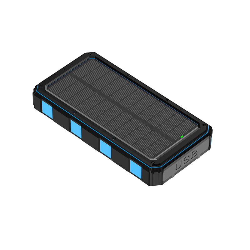 The image depicts a portable power bank with a solar panel on its top surface, featuring a black and blue design, and has a USB port indicated by the text "USB" on its side.
