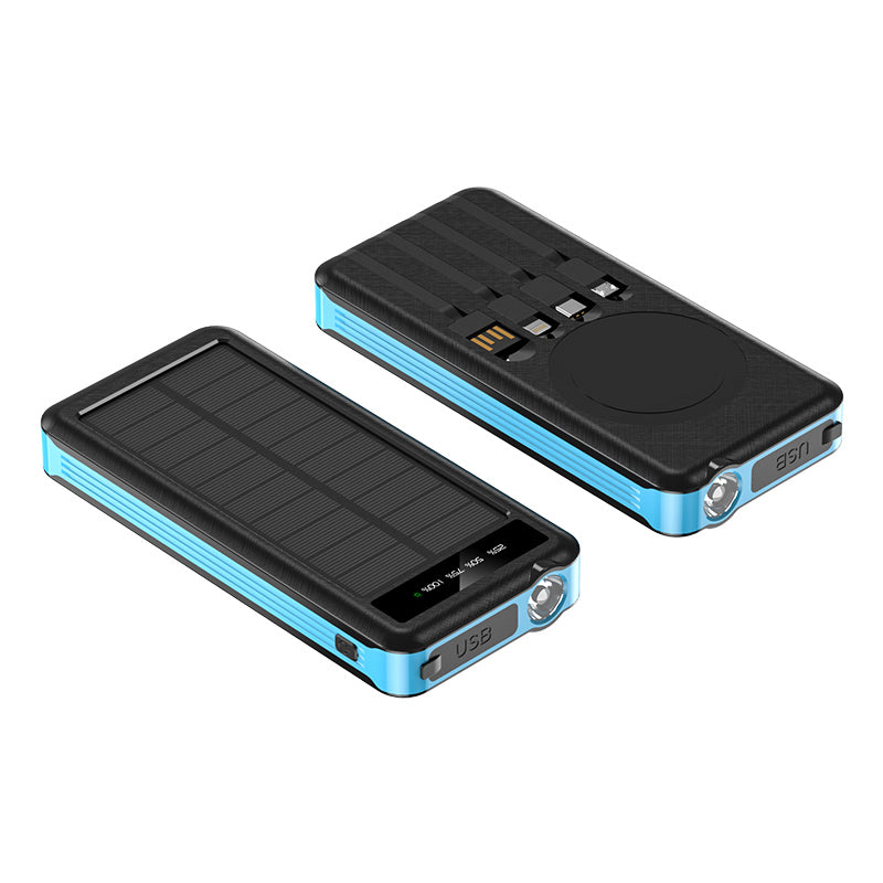 The picture shows a blue portable solar power bank with a solar panel on the surface and multiple charging ports such as USB.