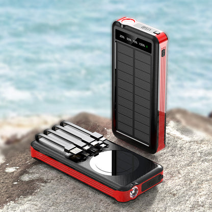 The picture shows a portable solar power bank with a red and black color scheme; it has a solar panel on the back and multiple charging cables built in.