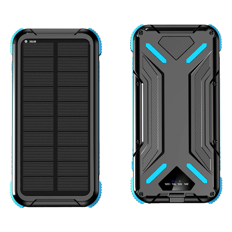 The picture shows a portable blue solar power bank with a rugged design, featuring a solar panel on one side for charging and multiple output ports along with an LED indicator on the other side.