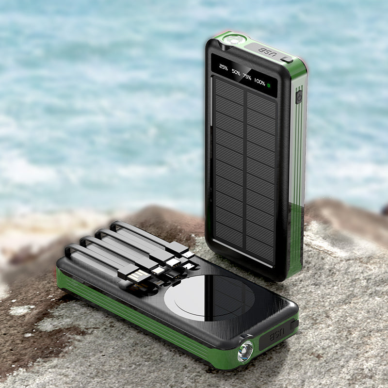 The picture shows a portable solar power bank with a  black color scheme; it has a solar panel on the back and multiple charging cables built in.