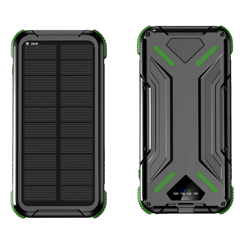 The picture shows a portable green solar power bank with a rugged design, featuring a solar panel on one side for charging and multiple output ports along with an LED indicator on the other side.