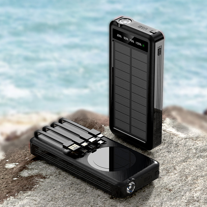 The picture shows a portable solar power bank with a green and black color scheme; it has a solar panel on the back and multiple charging cables built in.