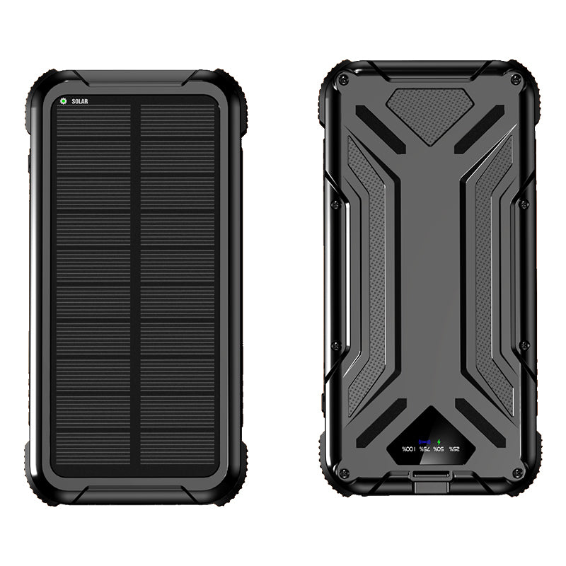 The picture shows a portable black solar power bank with a rugged design, featuring a solar panel on one side for charging and multiple output ports along with an LED indicator on the other side.