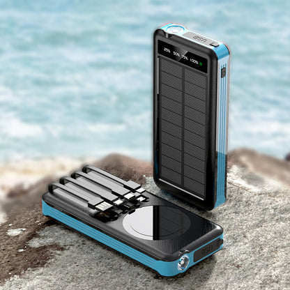 The picture shows a portable solar power bank with a blue and black color scheme; it has a solar panel on the back and multiple charging cables built in.